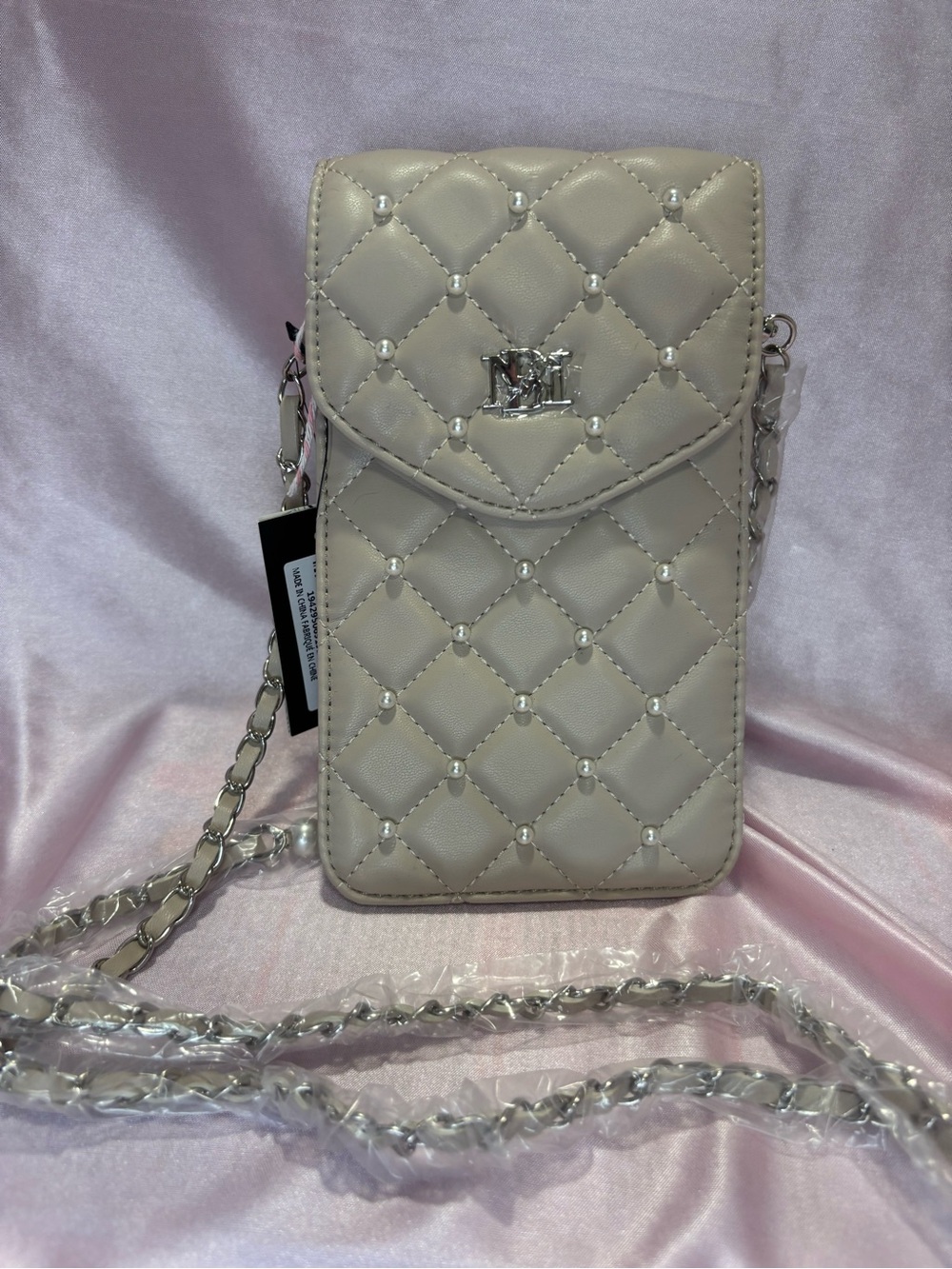 Badgley Mischka Quilted Pearl-Stud Crossbody Phone Bag - Cream